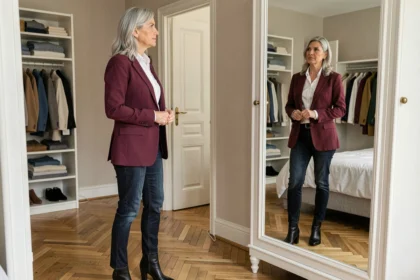 Femme de 58 ans élégante en blazer bordeaux évaluant sa tenue devant un miroir dans un appartement parisien