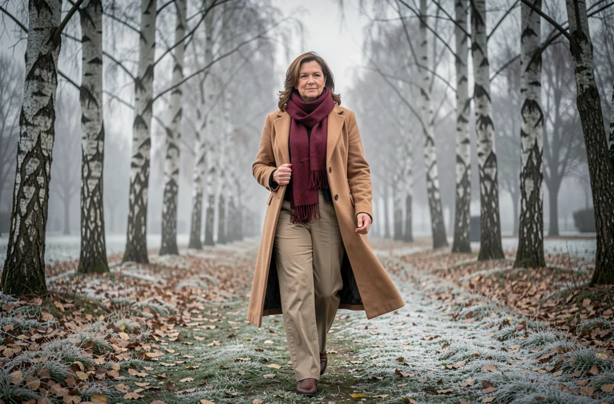 Femme en pantalon kaki large et manteau camel marchant dans un parc hivernal avec écharpe bordeaux