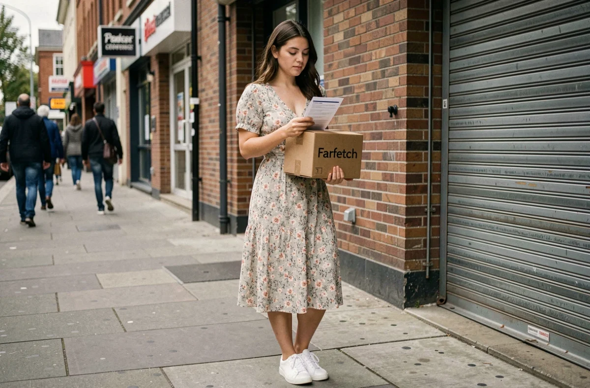 Jeune femme lisant une politique de retour Farfetch devant un point relais en milieu urbain, air songeur et interrogatif