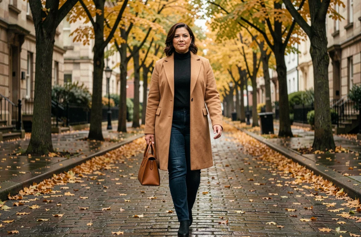 Femme ronde chic en manteau camel marchant dans une rue parisienne en automne, look élégant et moderne