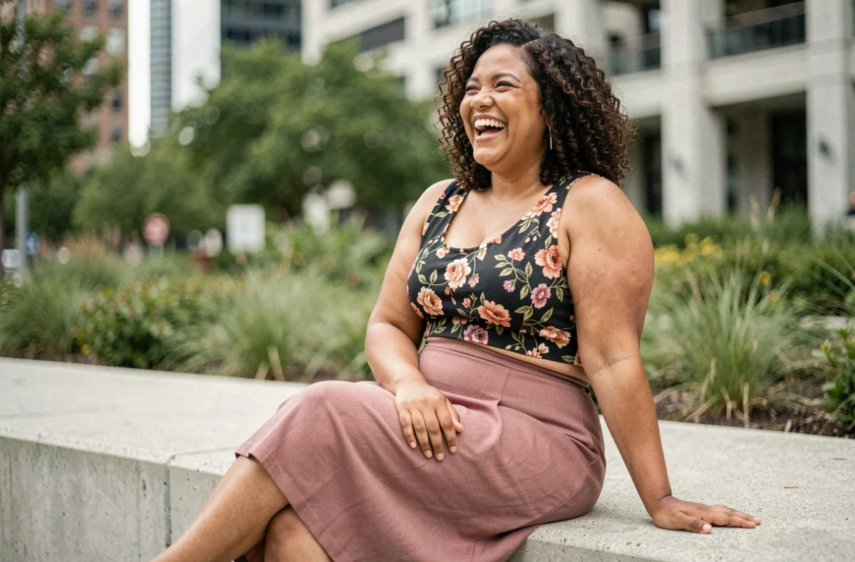 Femme ronde en crop top fleuri et jupe midi assise en extérieur avec une expression naturelle et joyeuse