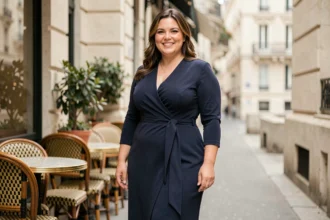 Femme ronde élégante en robe portefeuille marine dans un café parisien, style chic et assumé