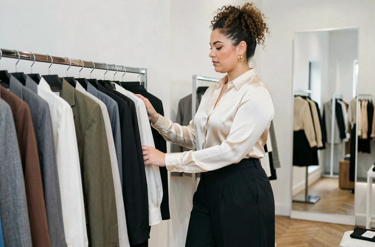 Femme ronde stylée en pantalon taille haute et blouse en soie dans une boutique de mode minimaliste