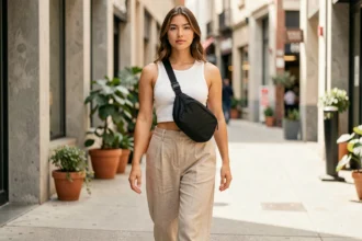 Jeune femme portant un sac banane noir en bandoulière croisée sur une tenue beige et blanc dans une rue urbaine contemporaine