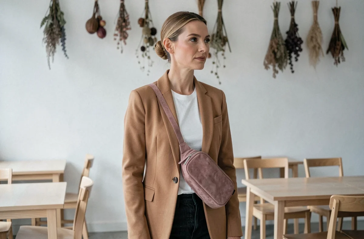 Femme élégante portant un sac banane en daim rose poudré en bandoulière dans un café scandinave minimaliste