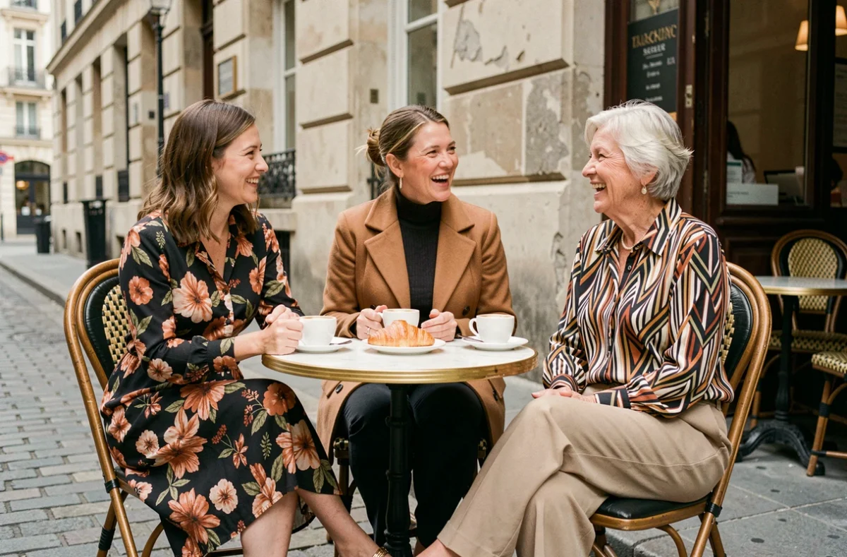 Trois femmes d'âges différents stylées attablées en terrasse à Paris, illustrant la diversité du style vestimentaire selon les générations