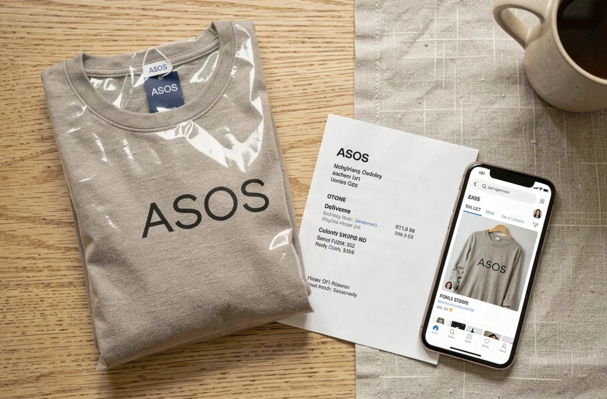 Flat lay d'une commande ASOS déballée avec vêtement, étiquette, emballage et application mobile pour évaluer l'authenticité