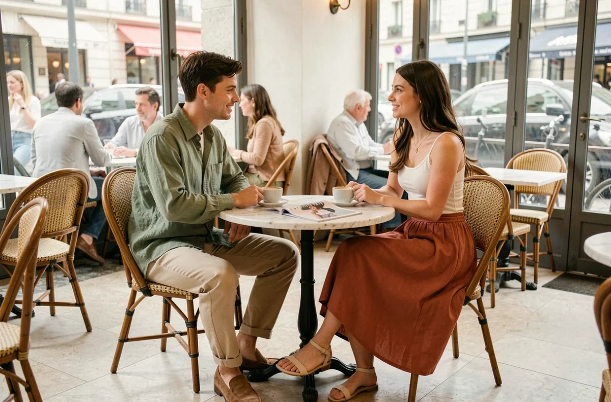 Duo stylé en tenues aux tons terreux assis dans un café parisien, montrant un exemple de flow vestimentaire cohérent et inspirant au quotidien