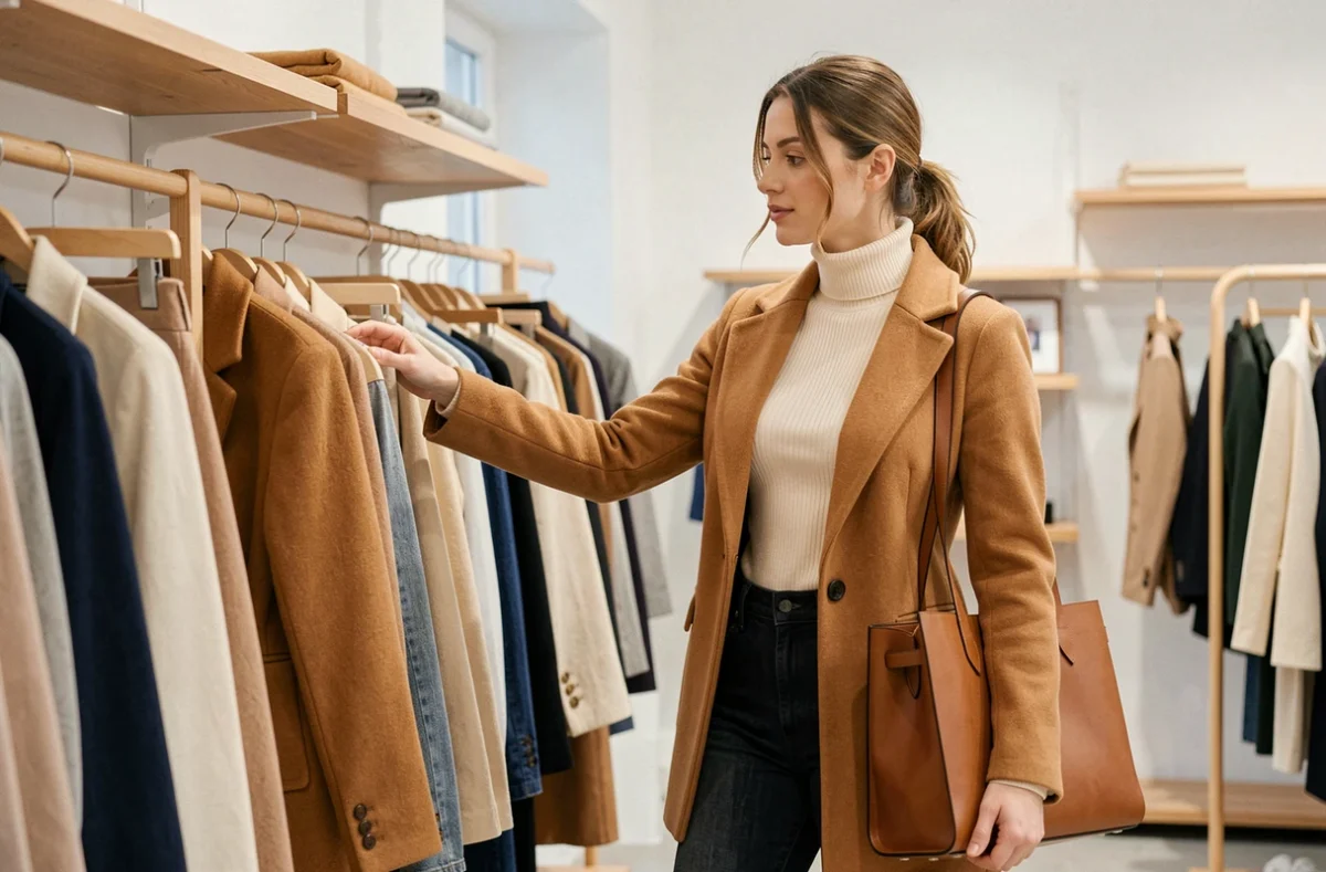 Femme en manteau camel et jean droit dans une boutique de mode minimaliste, illustrant un flow vestimentaire féminin élégant et cohérent