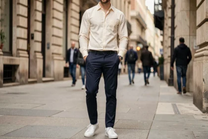 Homme stylé en tenue coordonnée décontractée chino navy et chemise crème dans une rue pavée urbaine, exemple de bon flow vestimentaire masculin