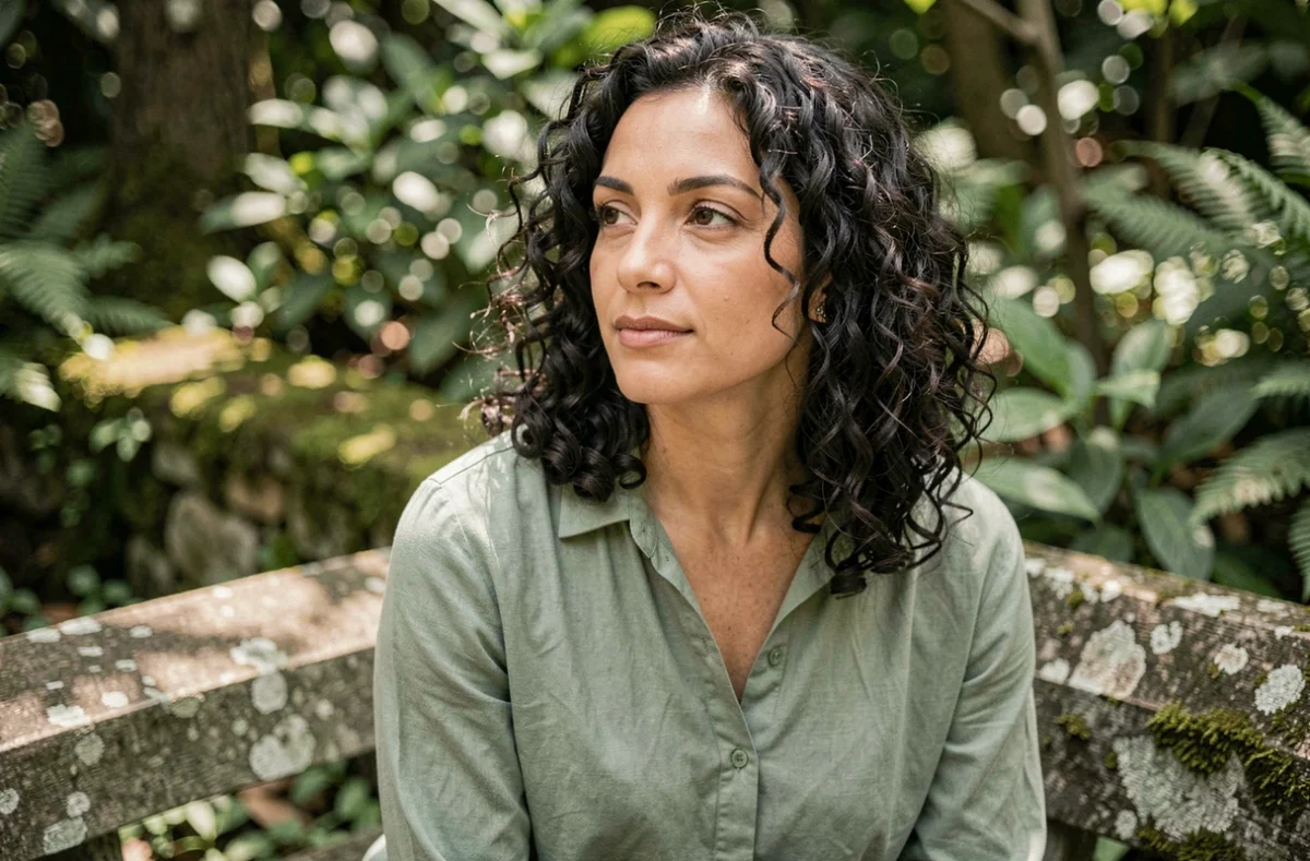 Femme au visage en cœur dans un jardin botanique, style photo éditorial en extérieur