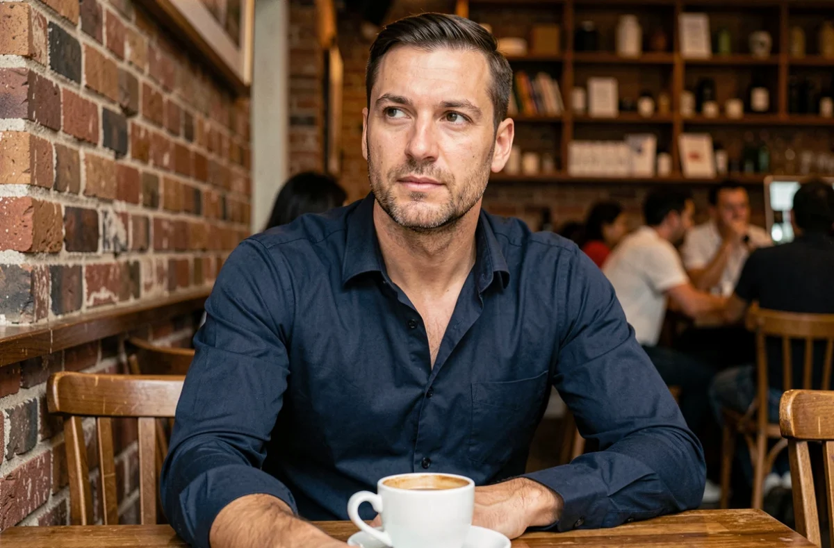 Homme avec une forme de visage triangulaire dans un café urbain, portrait 3/4 naturel et réaliste