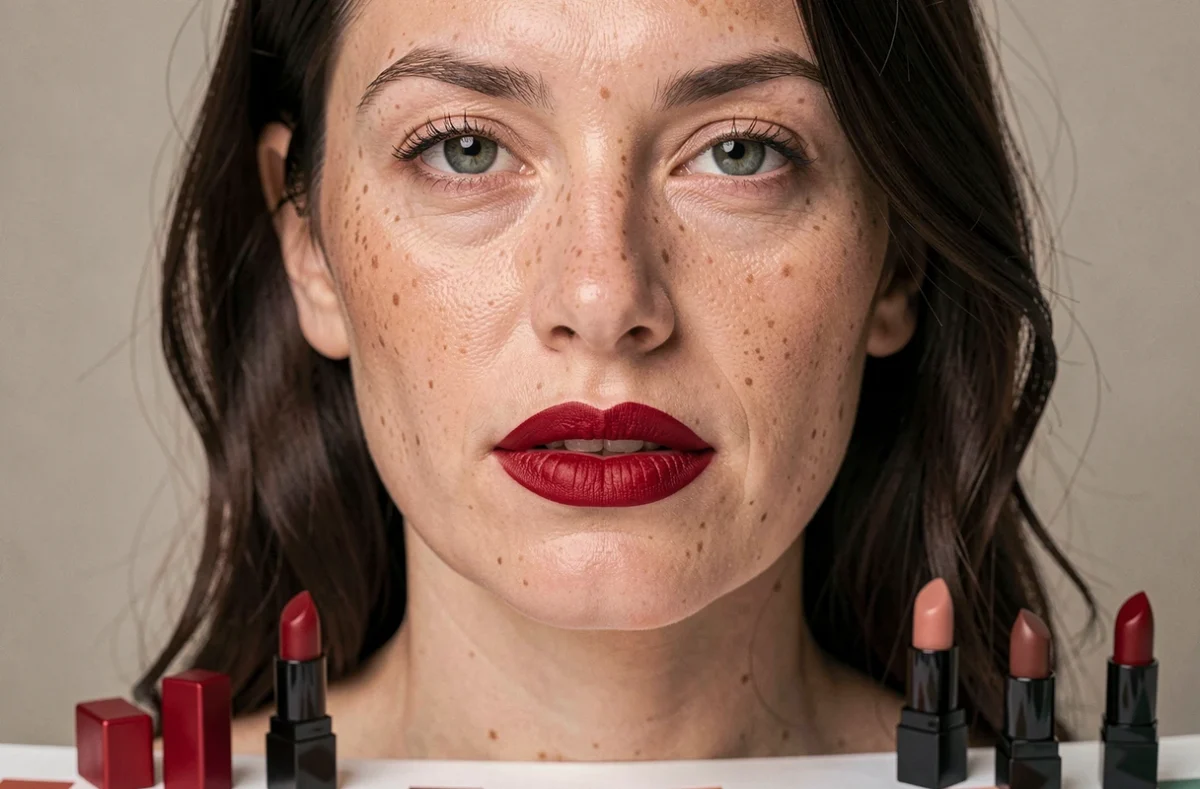 Gros plan beauté d'une femme à la peau claire portant un rouge à lèvres rouge satiné parfaitement appliqué