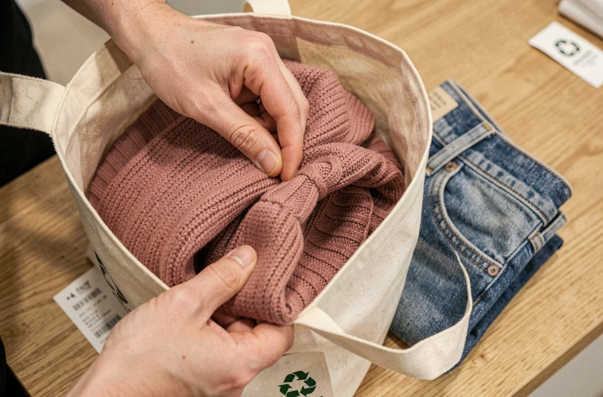Gros plan sur des vêtements Cache Cache soigneusement pliés dans un sac pour la reprise en magasin