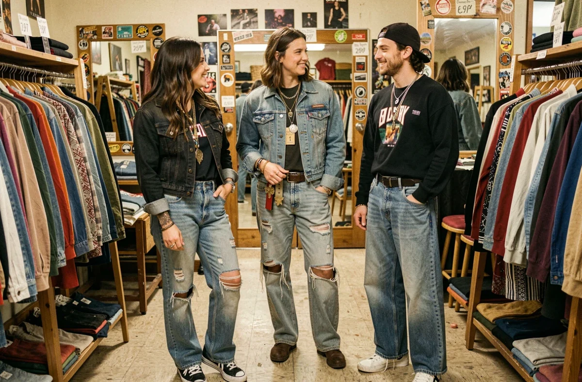 Groupe d'amis en jeans déchirés de styles variés dans une friperie vintage des années 90, acid-wash et denim usé, mode grunge authentique