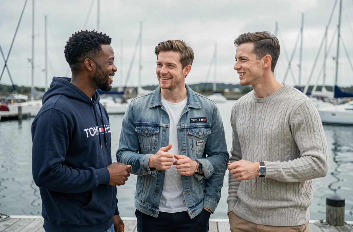 Groupe de jeunes amis portant des vêtements Tommy Hilfiger sur un ponton face à un port, ambiance lifestyle marine et décontractée