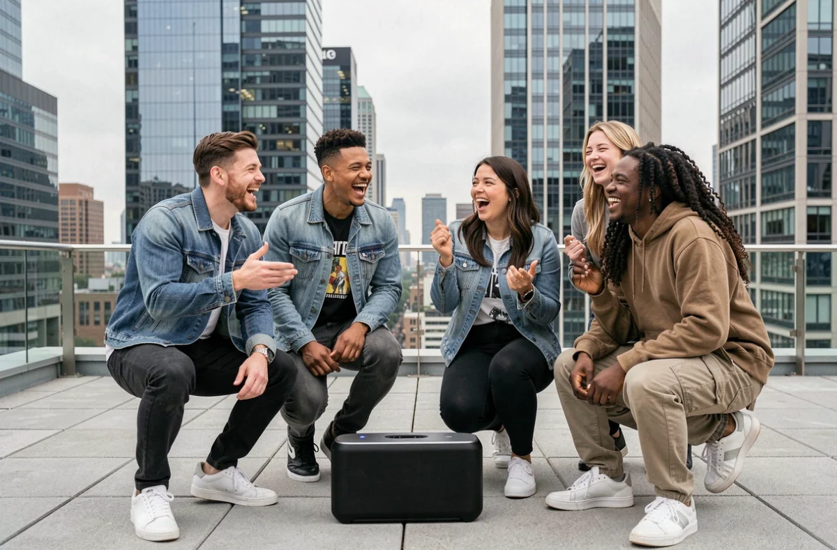 Groupe d'amis écoutant ensemble les hits musicaux de 2026 sur une terrasse urbaine avec un haut-parleur Bluetooth