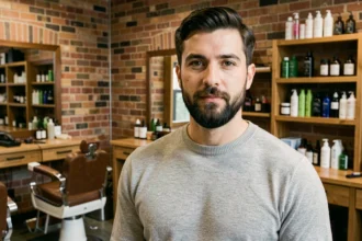 Homme aux cheveux courts et barbe pleine soigneusement taillée dans un salon de coiffure moderne, illustrant les tendances barbe 2026