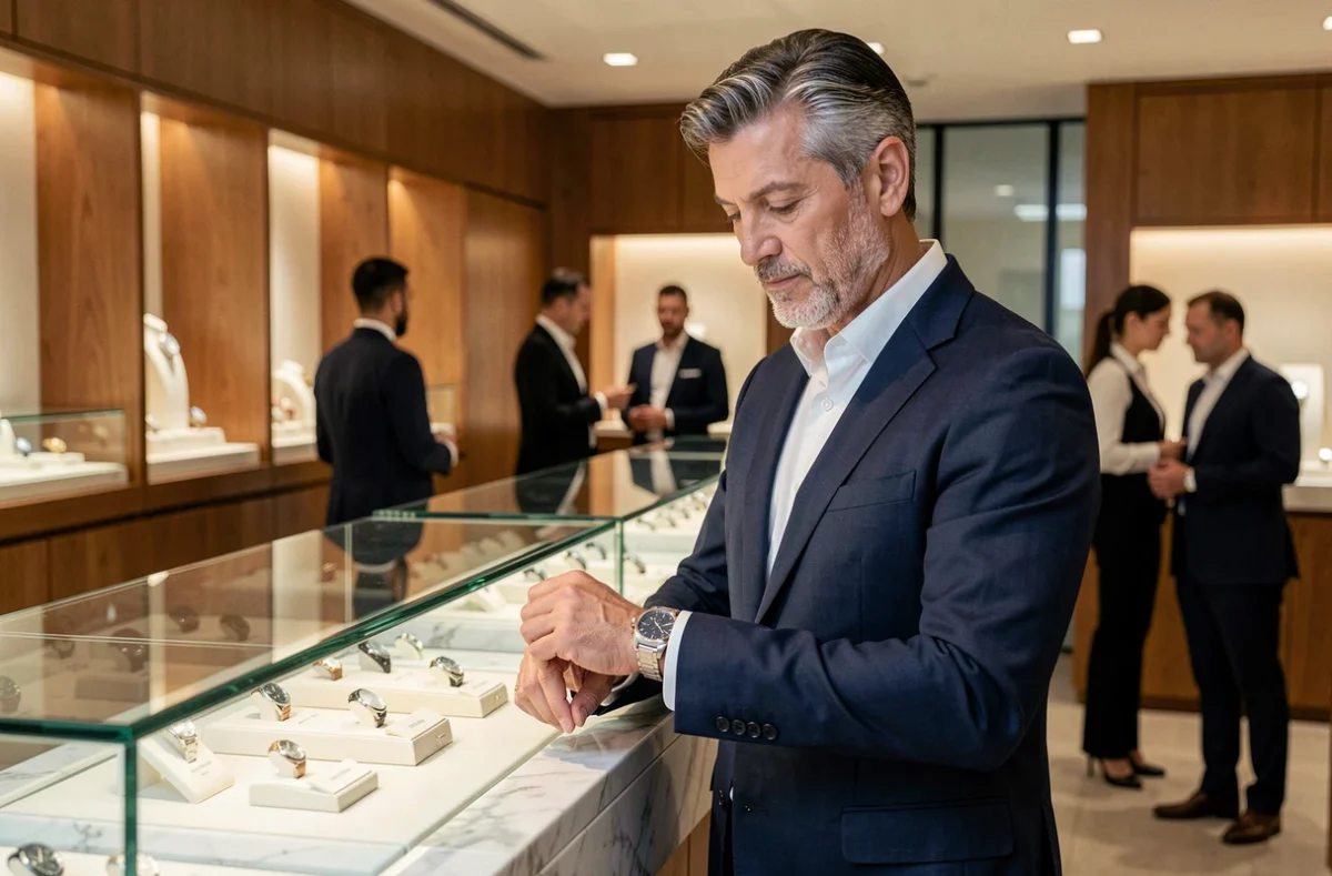 Homme élégant dans une boutique de montres de luxe, comparant des modèles haut de gamme concurrents à Rolex