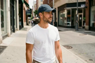 Homme portant une casquette bleue en coton dans la rue, illustrant l'utilité quotidienne de la casquette comme accessoire de mode et de protection