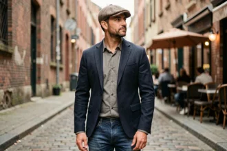 Homme élégant portant une casquette plate en laine à chevrons dans une rue pavée urbaine avec café en arrière-plan