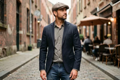 Homme élégant portant une casquette plate en laine à chevrons dans une rue pavée urbaine avec café en arrière-plan
