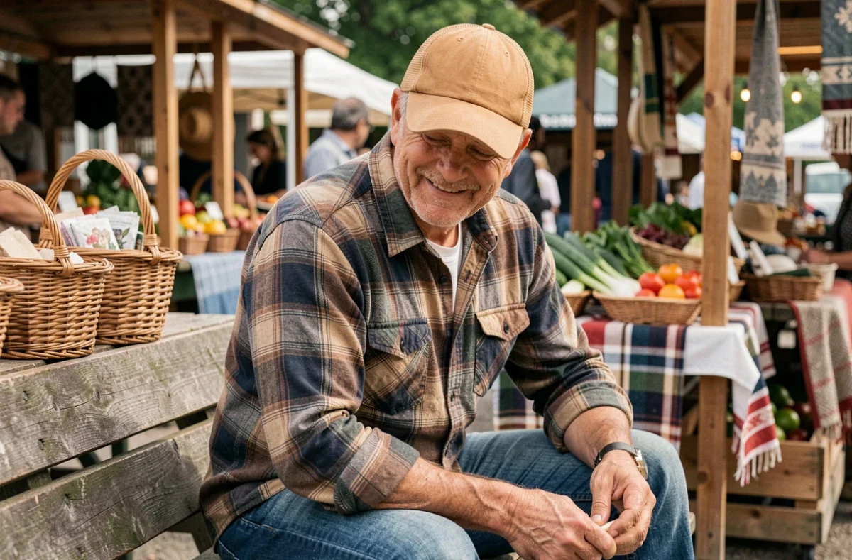 Homme d'âge mûr portant une casquette trucker beige dans un marché artisanal, illustrant la polyvalence et l'utilité de la casquette comme accessoire du quotidien