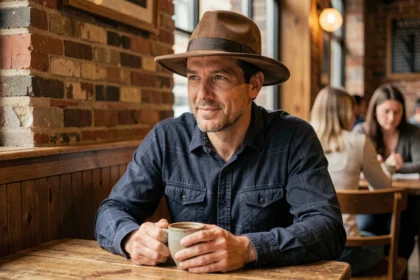Homme portant un chapeau fedora en feutre marron assis dans un café intérieur, illustrant la question de porter un chapeau à l'intérieur
