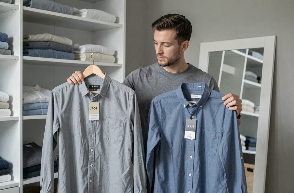 Homme comparant deux vêtements similaires pour évaluer la qualité et l'authenticité des produits ASOS