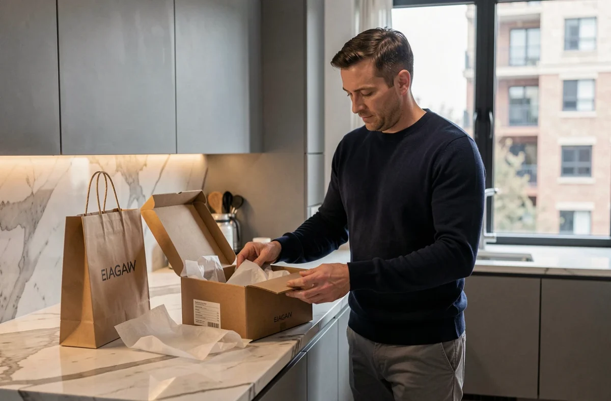 Homme déballant une commande de mode de luxe reçue via Farfetch dans une cuisine moderne, examinant le contenu avec attention