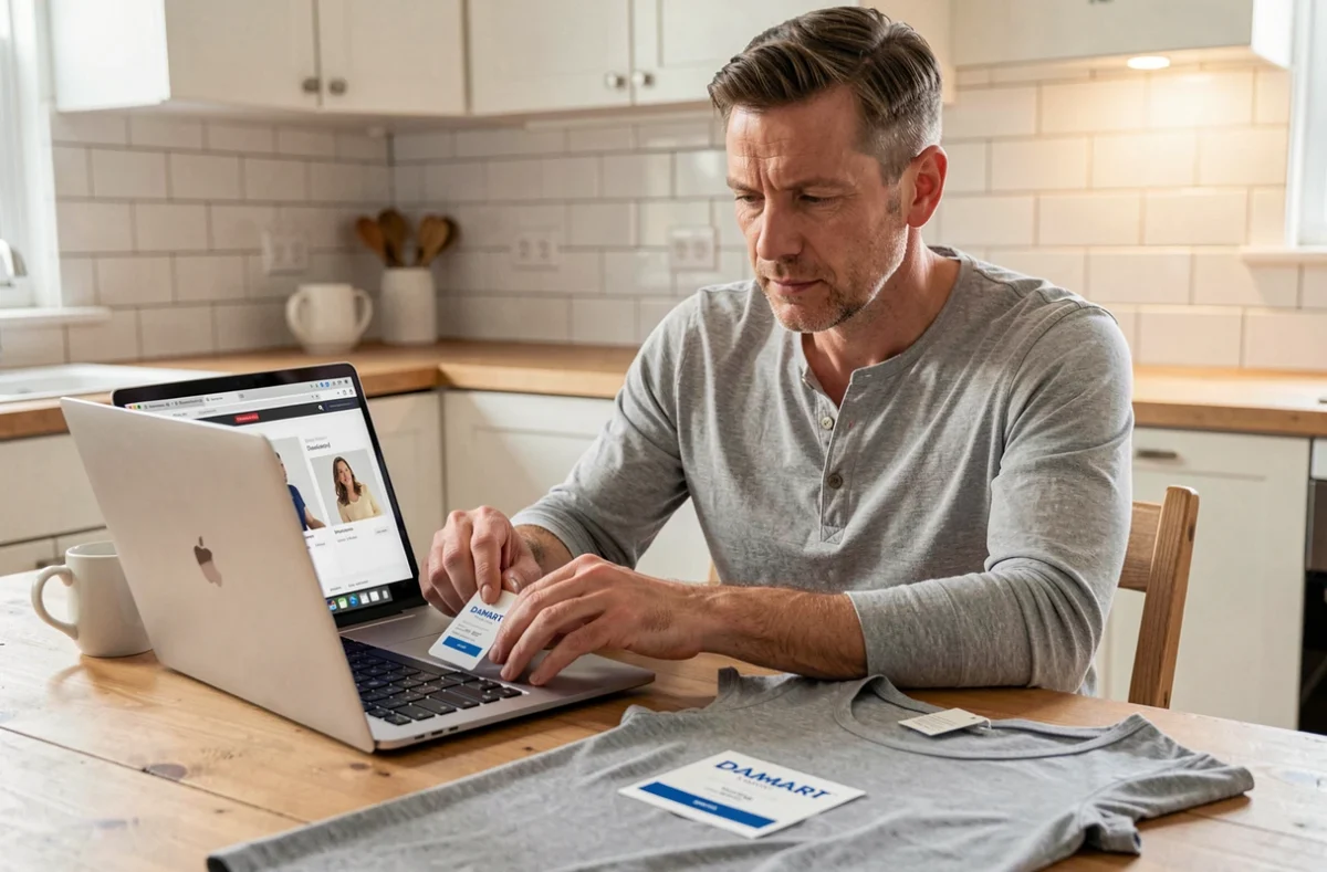 Homme consultant le guide des tailles Damart sur un ordinateur portable avec un sous-vêtement thermique posé sur la table