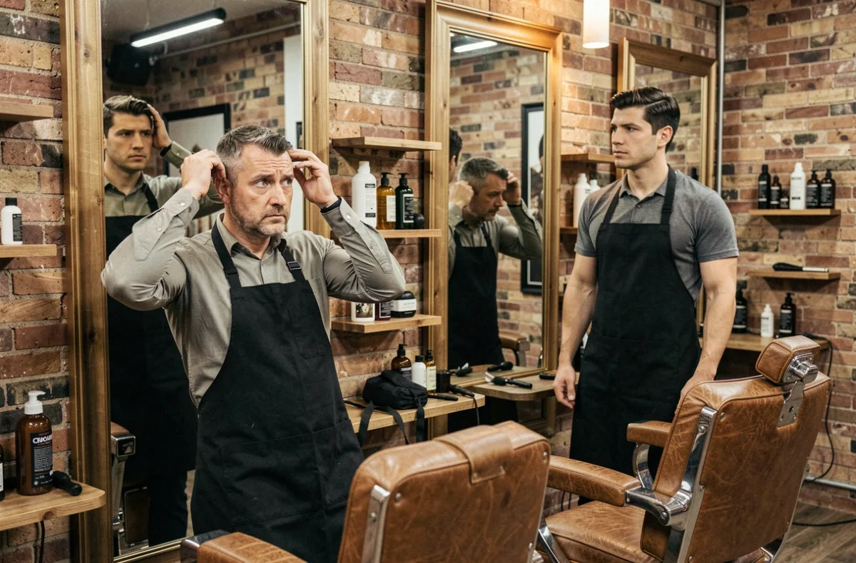 Homme examinant sa coupe de cheveux avec une expression dubitative face à son barbier dans un barbershop contemporain