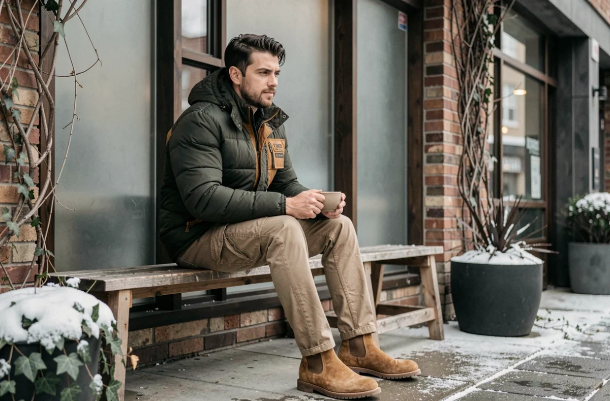 Homme en pantalon kaki et doudoune verte assis devant un café en hiver avec tasse de café