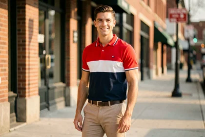 Jeune homme en polo Tommy Hilfiger rouge blanc bleu dans une rue urbaine, style preppy américain décontracté