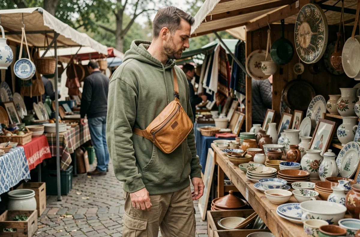 Homme trentenaire avec un sac banane en cuir beige autour de la taille dans un marché vintage en plein air