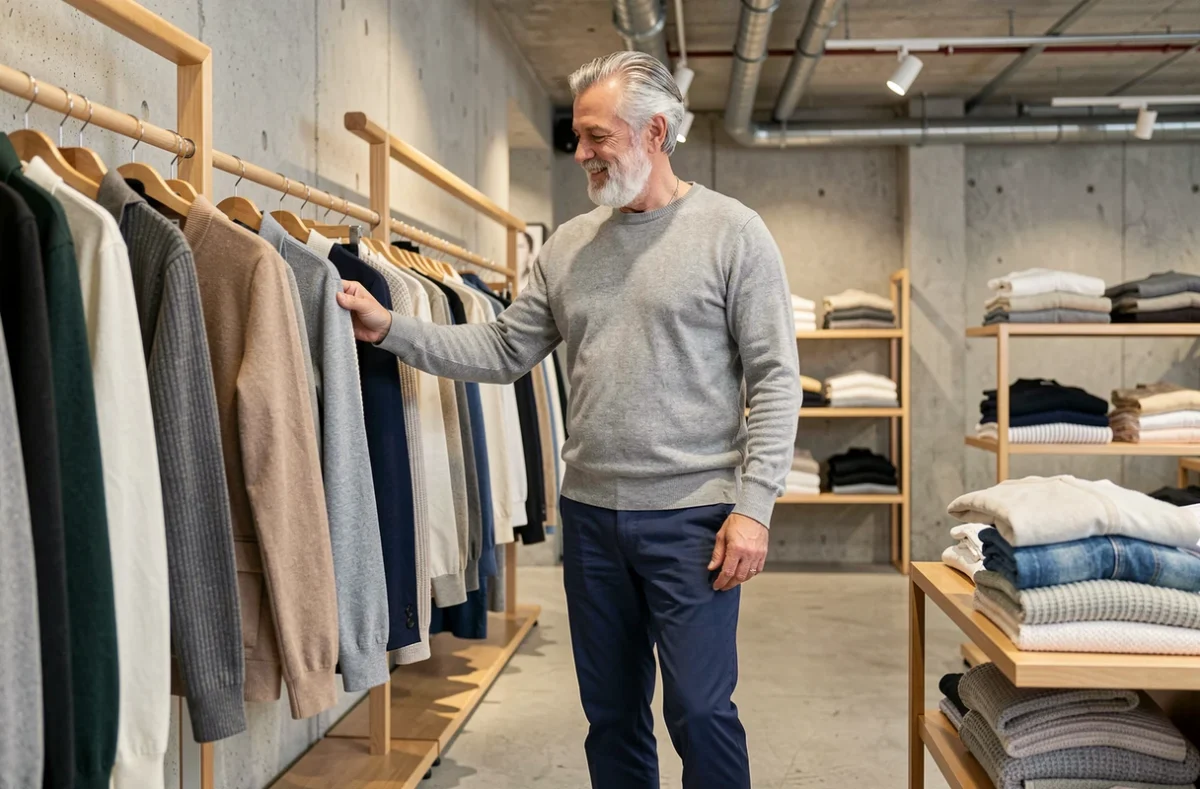 Homme de 64 ans élégant et décontracté choisissant des vêtements contemporains dans une boutique de mode minimaliste urbaine