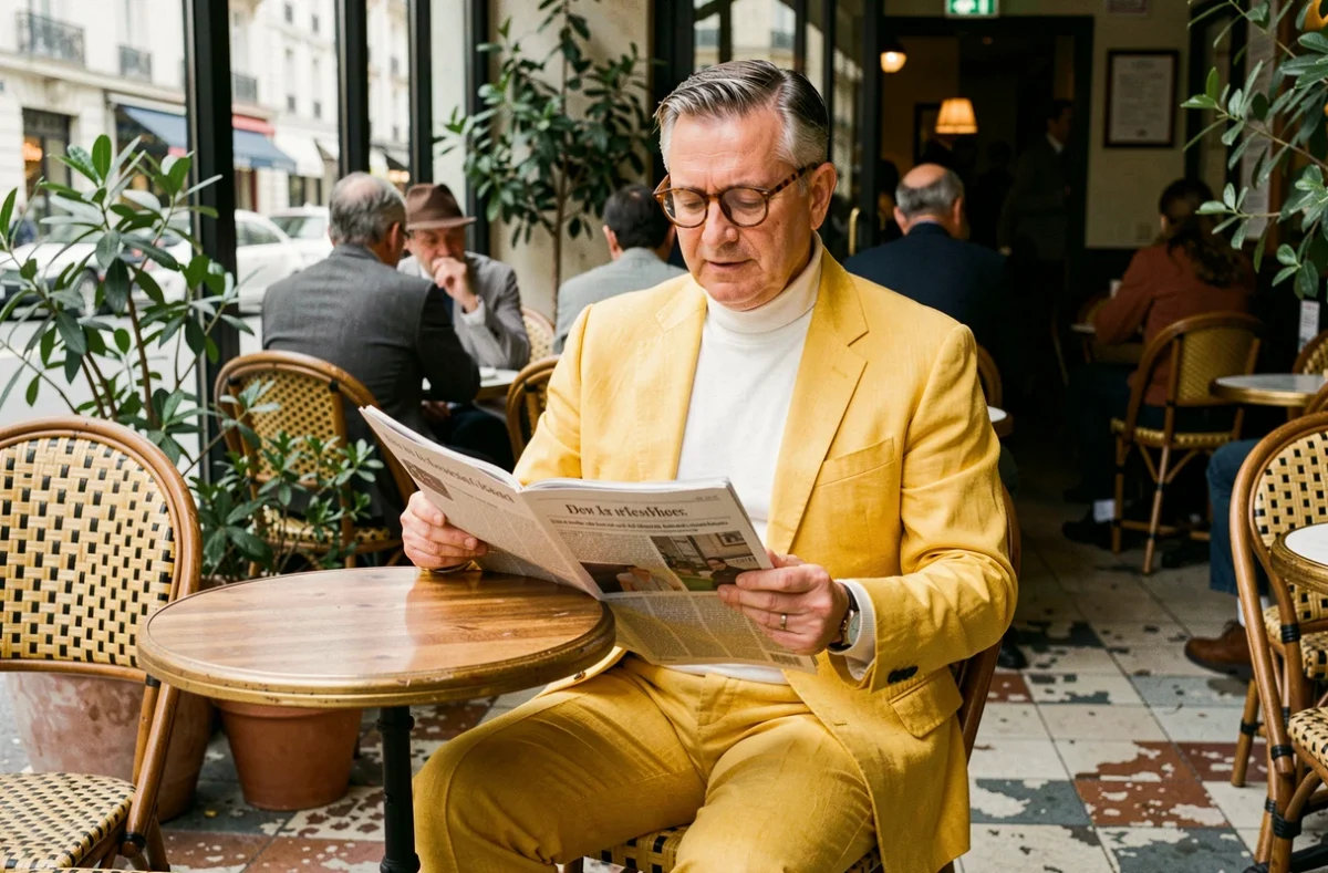 Homme d'âge moyen habillé d'un costume jaune original attablé en terrasse de café parisien