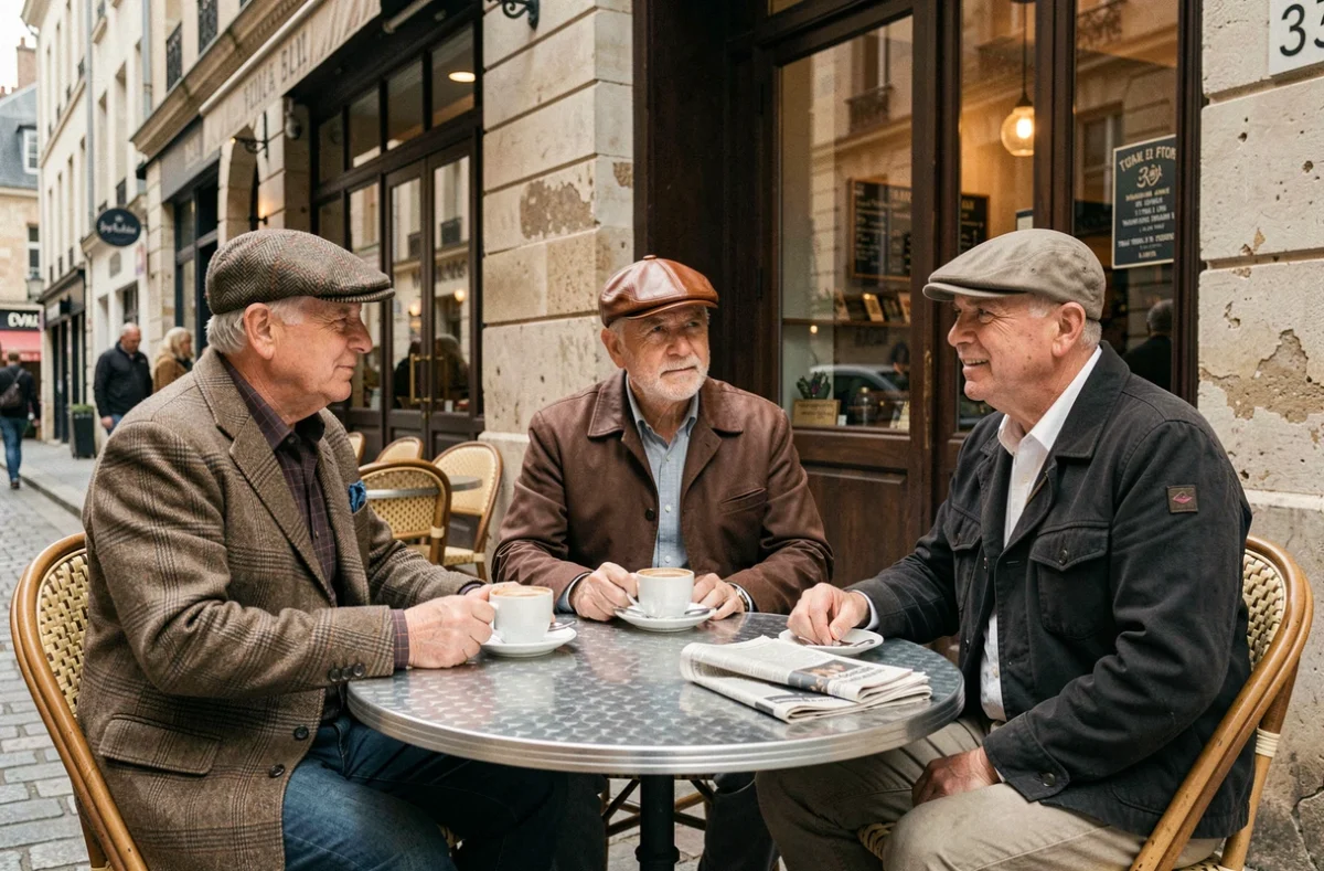 Trois hommes d'âge moyen portant des casquettes plates de styles variés attablés en terrasse devant une brasserie française