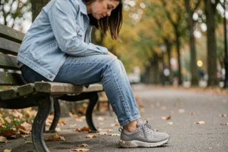 Femme assise sur un banc de parc examinant ses chaussures Skechers usées avec déformation visible de la semelle
