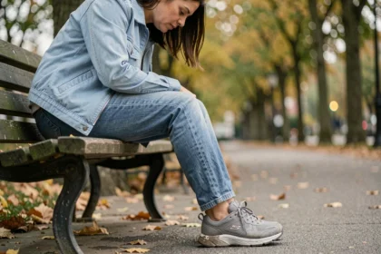 Femme assise sur un banc de parc examinant ses chaussures Skechers usées avec déformation visible de la semelle