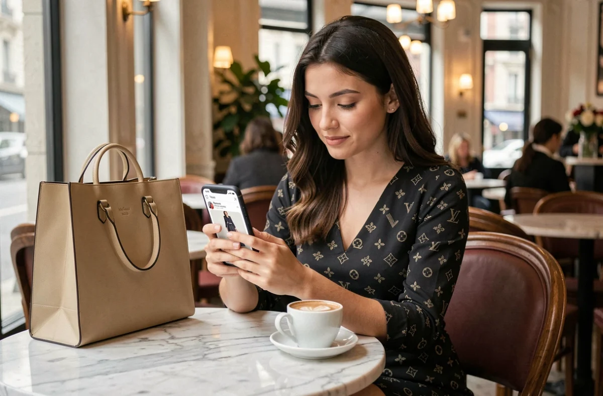 Jeune femme influente en robe de créateur consultant les réseaux sociaux d'une marque de mode dans un café parisien, symbolisant les collaborations sponsorisées entre célébrités et enseignes