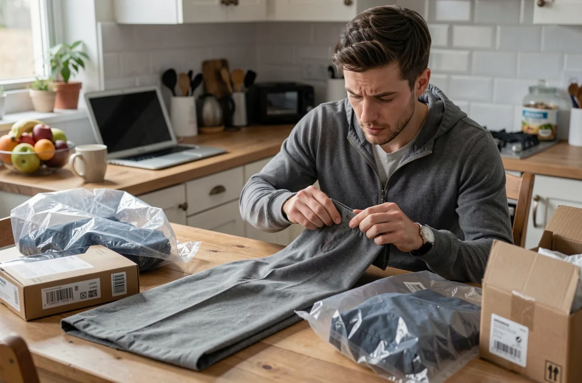 Homme inspectant des vêtements reçus dans un colis de mode en ligne à bas prix sur une table de cuisine