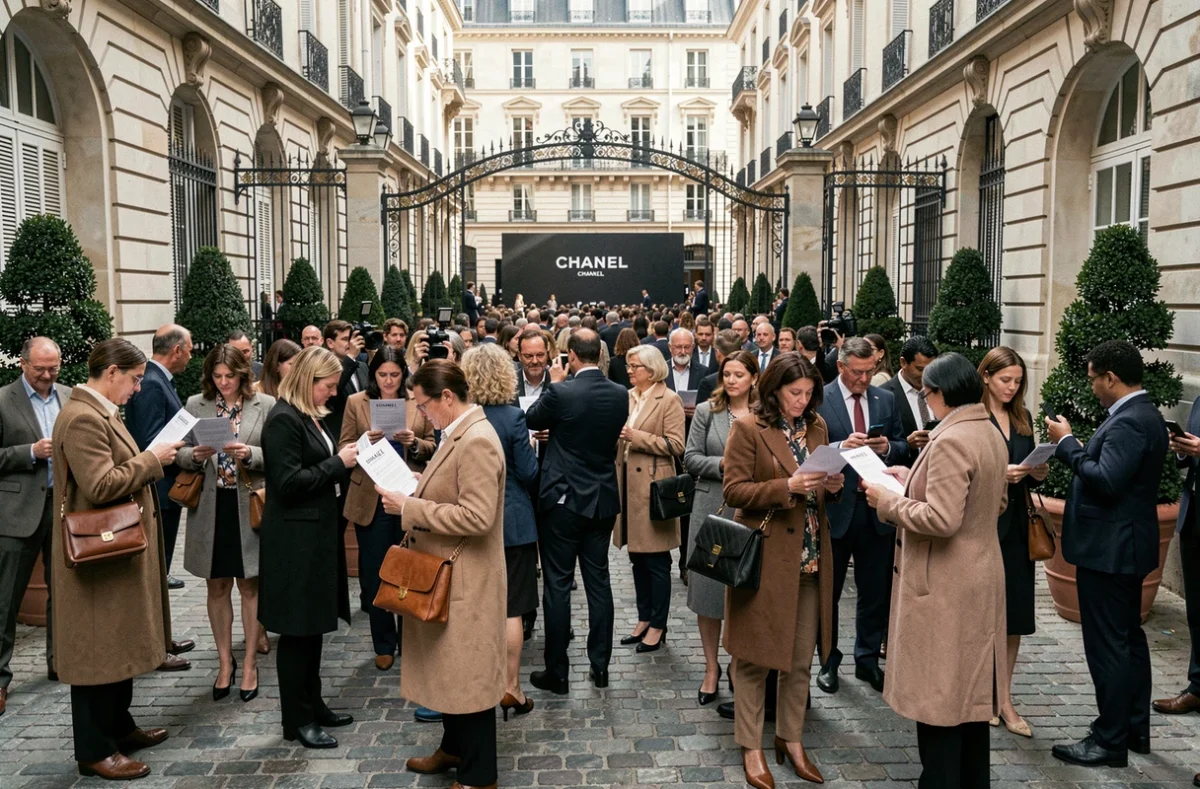 Foule de journalistes et invités devant l'entrée d'un défilé Chanel à Paris