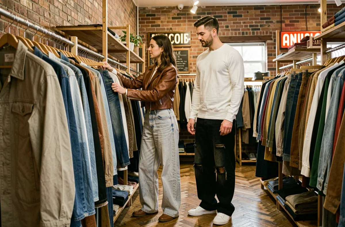 Deux amis portant des jeans baggy dans une boutique de vêtements vintage, tendances denim 2026