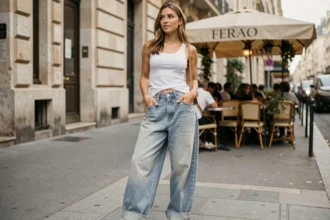 Jeune femme portant un jean baggy blanc cassé en rue parisienne, style mode 2026