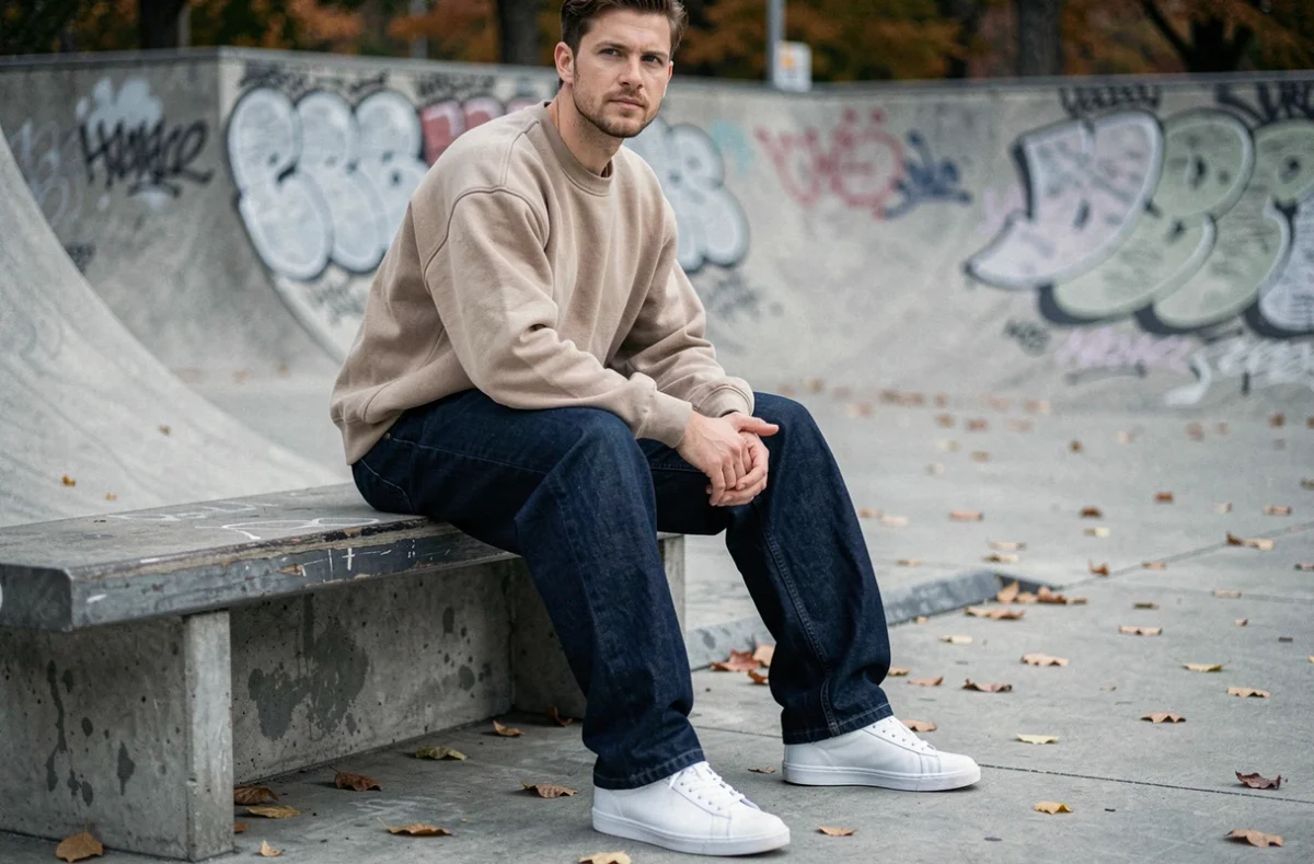 Homme en jean baggy indigo assis dans un skate park urbain, tendance mode streetwear 2026