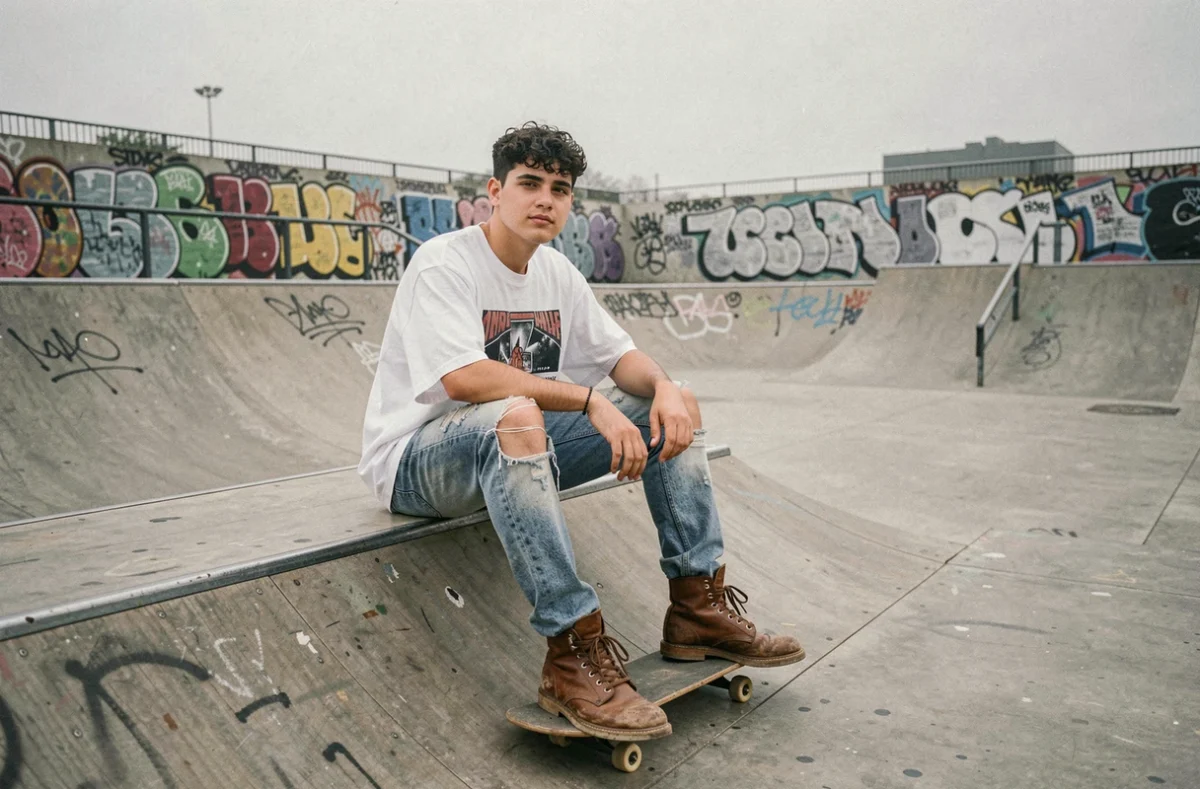 Jeune homme en jeans déchirés stonewashed assis sur une rampe de skate, style grunge années 90 authentique avec t-shirt de groupe et boots en cuir