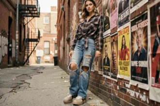 Jeune femme en jeans déchirés style années 90 appuyée contre un mur de briques avec des affiches de concerts, tenue streetwear grunge authentique