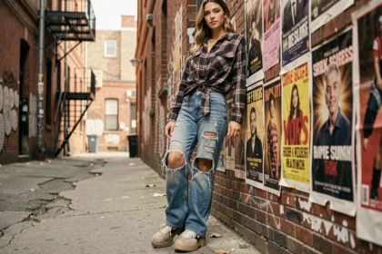 Jeune femme en jeans déchirés style années 90 appuyée contre un mur de briques avec des affiches de concerts, tenue streetwear grunge authentique