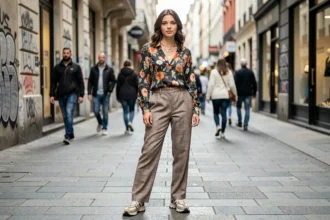 Jeune femme assumant son style vestimentaire original dans une rue animée d'une ville européenne